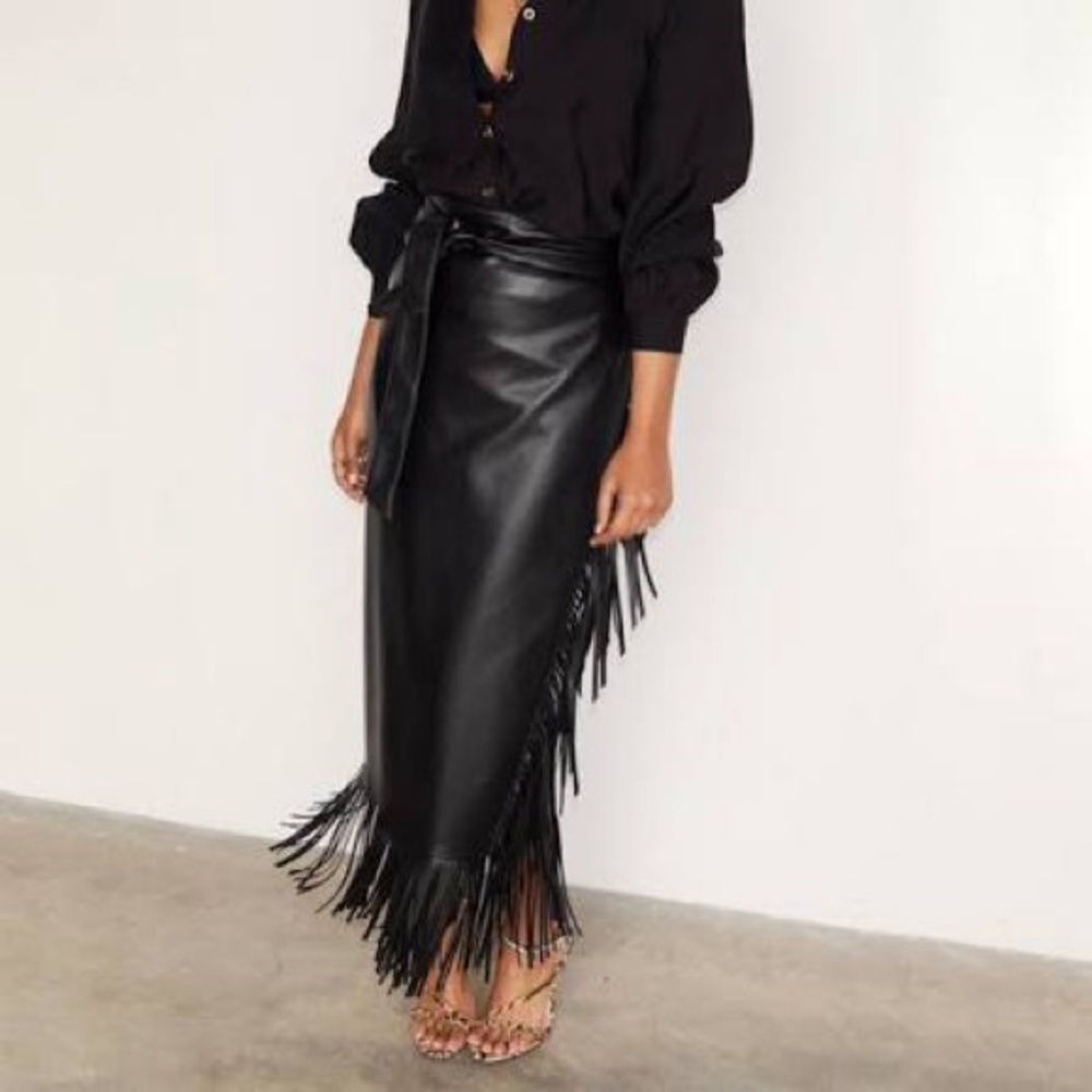 Never Fully Dressed Black Leather Fringe Skirt